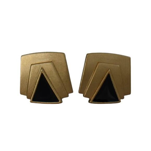 Monet  Gold Plate Black Enamel Curved Trapezoid Art Deco Geometric Clip Earrings - Picture 3 of 3